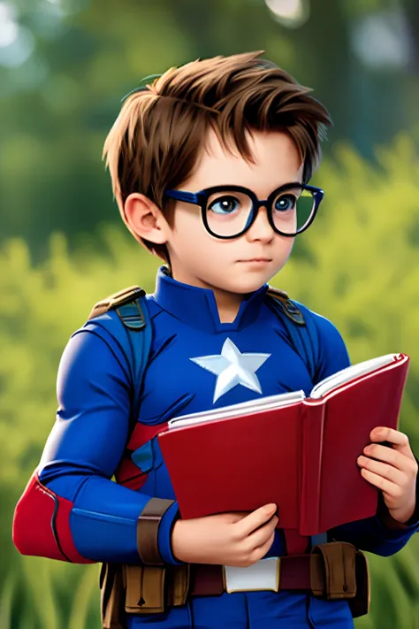 teacher dressed as captain america reading a book with glasses