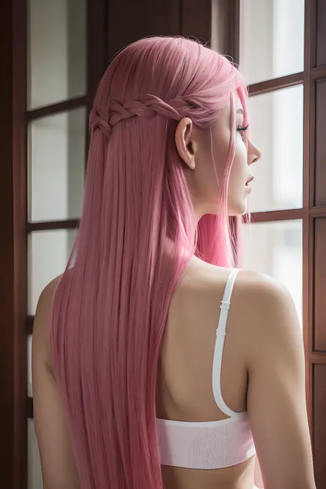 view from the back,full body, pinkhair, asian, 4k, bioutyfull, famele, looking for background, profile view, Hyperrealist portrait of female , photo realistic,, very detailed faces, 4 k, detail face, 1girl, , close-up , long hair