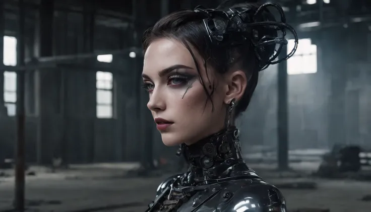 cyborg woman posing for a photo in the inside of an abandoned factory, cyberpunk aesthetic, cyborg woman, dark techno aesthetic, industrial goth aesthetic, intern of an abandoned factory in the background, ultra detailed, photorealistic, masterpiece.