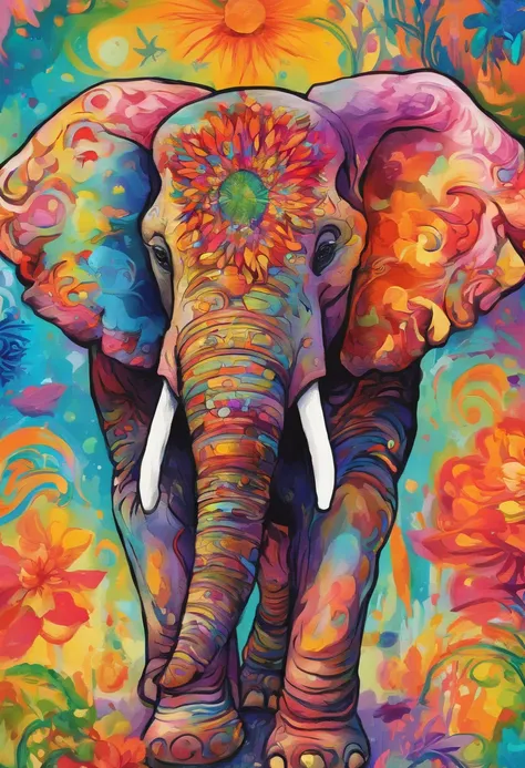 elephants，He wears daisy flowers and plants on his head，up front view，Elephant head，Bust，water color art，plethora of colors