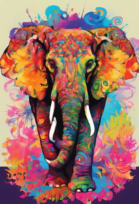 elephants，He wears daisy flowers and plants on his head，up front view，Elephant head，Bust，water color art，plethora of colors