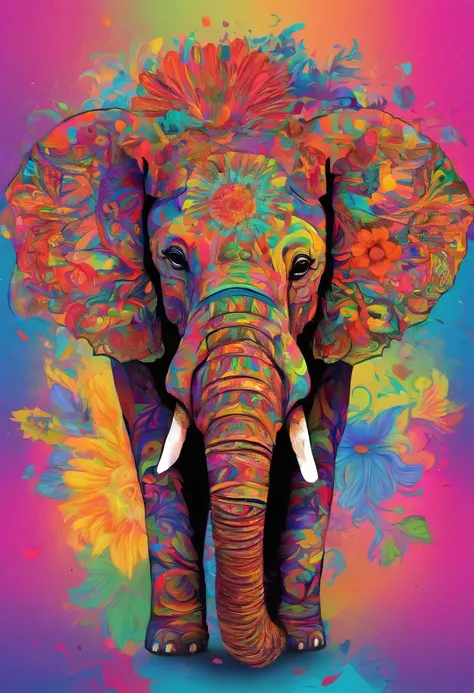 elephants，He wears daisy flowers and plants on his head，up front view，Elephant head，Bust，water color art，plethora of colors