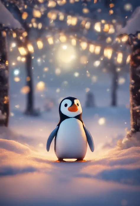 (best quality,4k,8k,Altas,master part:1.2),ultra-detalhado,(Realistic,fotorrealista,photo-realistic:1.37),neve caindo suavemente,Pinguim curioso espreita,luzes de Natal coloridas,String of Lights,aconchegante par de pisca-piscas,aconchegante,Shell,corpo,pe...