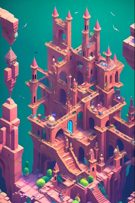 The White Crow Princess searches for the lost Ancient Raven AI in a mysterious space，Mystic Space is a futuristic castle in medieval style，There are a lot of stairs and mechanisms inside，Intricate staircase，Sparkling treasure，A castle built with blocks，Pin...