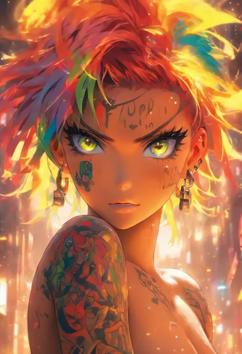 The most beautiful and sexy naked girl with  and no shirt, rainbow hair, yellow eyes, standing, thousands of tattoos and piercings, detailed background, excellent masterpiece, high quality, high quality