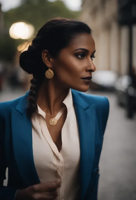 Style metisse indien de Guadeloupe noir 30 ans.black hair styled in long braid. Yeux marron claire. Dressed in a blue three-piece suit . Chaussure noir hermes . Muscular square jaw ,regard charmeur envoutant