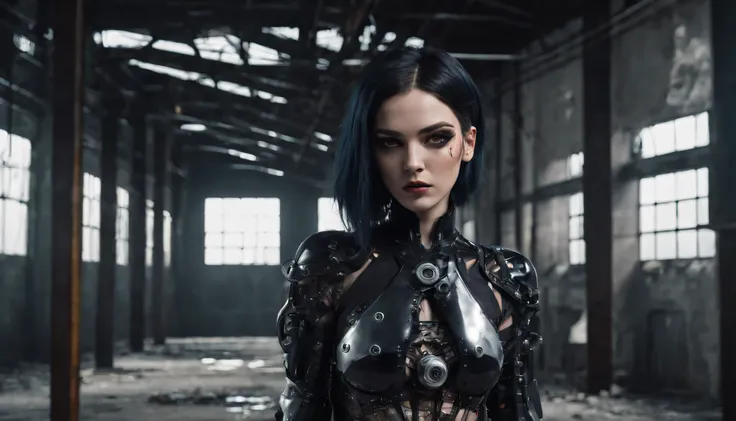 cyborg woman posing for a photo in the inside of an abandoned factory, cyberpunk aesthetic, cyborg woman, dark techno aesthetic, industrial goth aesthetic, intern of an abandoned factory in the background, ultra detailed, photorealistic, masterpiece.