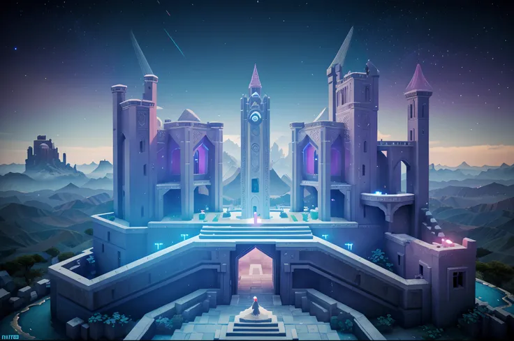 The White Crow Princess searches for the lost Ancient Raven AI in a mysterious space，Mystic Space is a futuristic castle in medieval style，There are a lot of stairs and mechanisms inside，Intricate staircase，Sparkling treasure，A castle built with blocks，Pin...