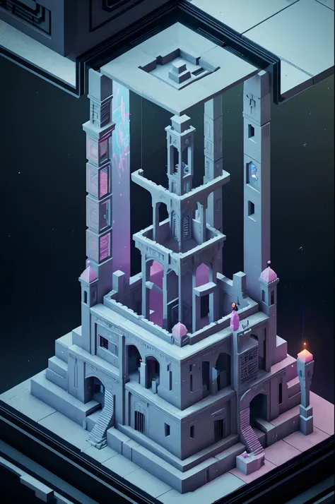 The White Raven Princess searches for the lost Ancient Raven AI in a mysterious space，Mystic Space is a futuristic castle in medieval style，There are a lot of stairs and mechanisms inside，Intricate staircase，Sparkling treasure，A castle built with blocks，Pi...