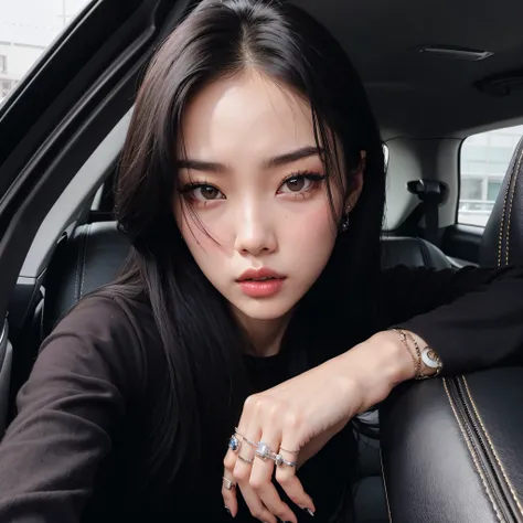 Arafed Mujer con cabello largo y negro sentada en un auto, ulzzang, cruel korean goth girl, maquillaje popular de Corea del Sur, Chica coreana, maquillaje coreano popular, Blackpink Jennie, Artista coreano, Retrato de Jossi de Blackpink, Gongbi, Korean sym...