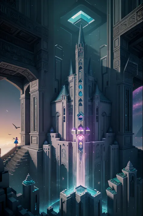 The White Crow Princess searches for the lost ancient crow AI in a mysterious space，Mystic Space is a futuristic castle in medieval style，There are a lot of stairs and mechanisms inside，Intricate staircase，Sparkling treasure，A castle built from blocks，Pink...