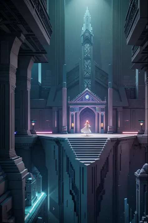 The White Crow Princess searches for the lost ancient crow AI in a mysterious space，Mystic Space is a futuristic castle in medieval style，There are a lot of stairs and mechanisms inside，Intricate staircase，Sparkling treasure，A castle built from blocks，Pink...