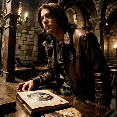 "Resident Evil", Leon Kennedy, brown leather jacket, dvd screenshot from the dark fantasy film 1982, in a medieval castle -ar 3:2