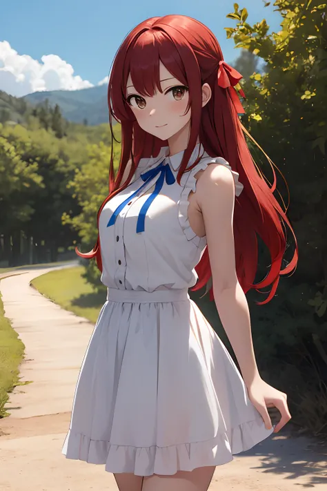 Masterpiece, Best quality, A high resolution, Fairy Tail, 1girll, Long hair, Red hair, Brown eyes, Neck ribbon, Bare shoulders, White shirt, Sleeveless, centerfrills, Blue skirt, Cowboy shot, standing, Outdoors