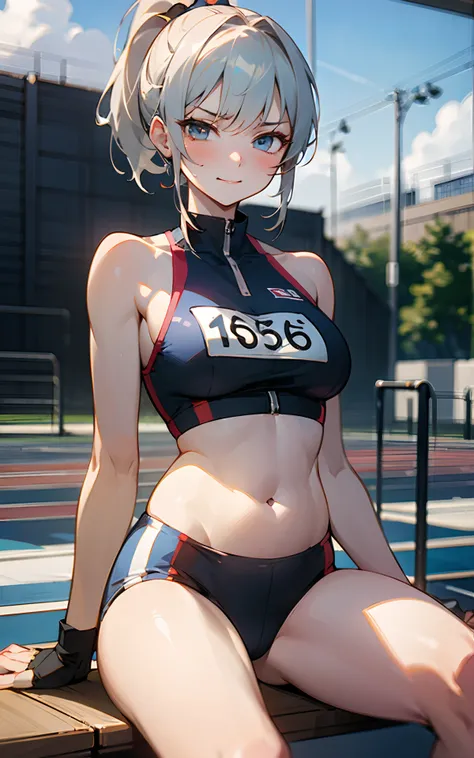 (Original Character、Unity 16K Wallpaper, Masterpiece, Best Quality, Ultra-Detailed, Extremely Detailed CG, Caustics, Cinematic Lighting, Detailed, Beautiful Detailed Eyes, solo), Ultra High Resolution, fine skin, (track and field:1.2) 、(strong light)、oily ...