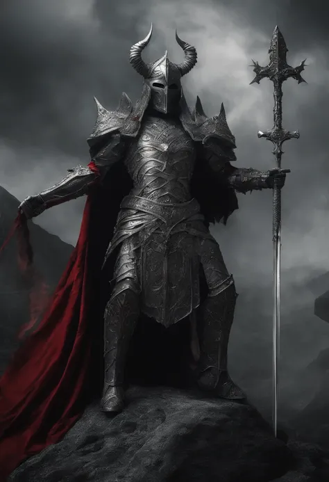 sacred warrior, front, kneeling, full silver armor, helmet with three horns, sword in his right hand and shield in his right hand, red cape fluttering in the wind, in the background a stone statue of a woman in a dress, long hair and open arms .