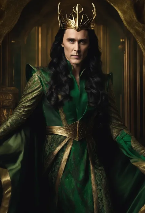 Loki  in a beautiful black and green dress with gold trim and long flowing black hair