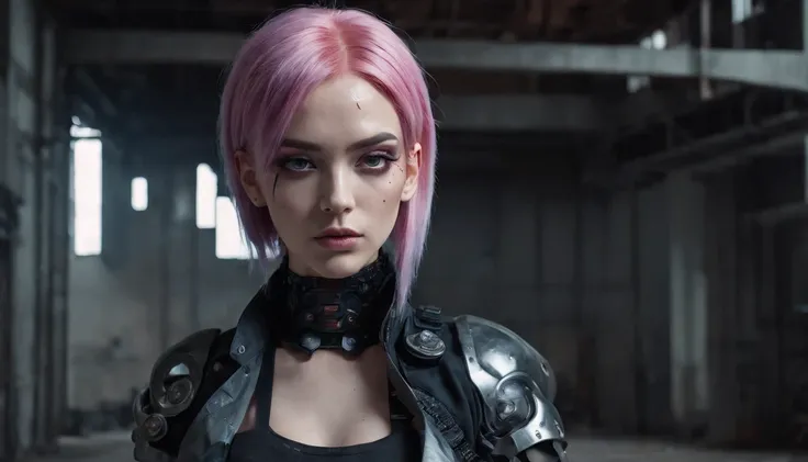 cyborg woman with colored hair posing for a photo in the inside of an abandoned factory, cyberpunk aesthetic, cyborg woman, dark techno aesthetic, industrial goth aesthetic, intern of an abandoned factory in the background, ultra detailed, photorealistic, ...