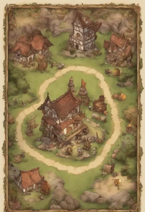 Tiro de cima para baixo de um drone, mapa de batalha vilarejo pequeno, casas humildes, lojas de armas, taverna, igreja, Square in the center, bem iluminada, Dungeons and Dragons, Final Fantasy, arte do jogo, (arquitetura e interiores coerentes, with realis...