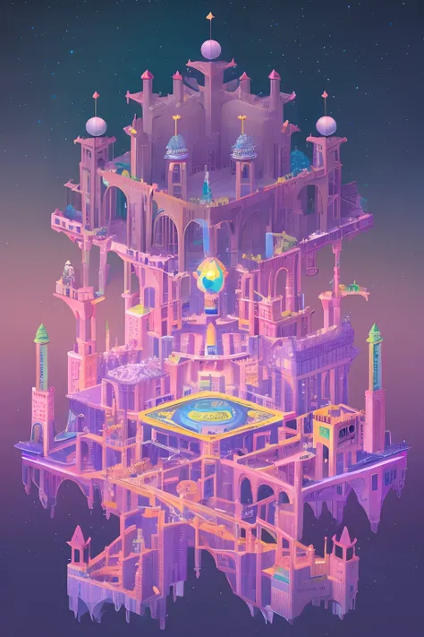 surrealism, stereograms, Atmospheric perspective, Super detail, ccurate, Best quality, hyper HD, Masterpiece, Anatomically correct, 16k, A high resolution，Pink space，1Blittle girl，In Monument Valley，Labyrinth of magical castles，A castle built from blocks，I...