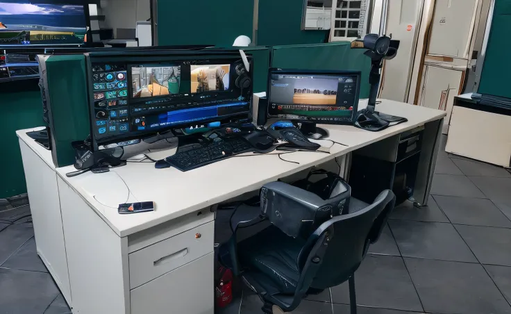 Il y a deux moniteurs sur le bureau avec un clavier et une souris, Post-production 8K, 8 km Post-production, Post-production, 8 km Post-production, Post-production 8K, Post-production, Post-production, 8 km. remplissage de la vue, Postproduction, Televisio...