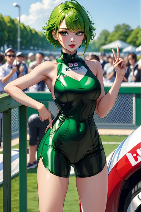 (​masterpiece:1.4)、(top-quality:1.4)、
1girl in, Bewitching Grid Girl, Green head hair, looking at the viewers, 独奏 ,realisitic,(shinny skin),(​masterpiece:1.4),(top-quality:1.4),red-lips,racing venue