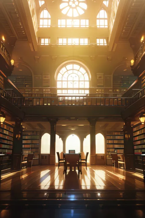 there are many tables and chairs in the library with a skylight, interior of a library, inside a library, vast library, library, interior, library interior background, crisp smooth clean lines, natural lighting, uplit, central shot, “wide shot, high res ph...