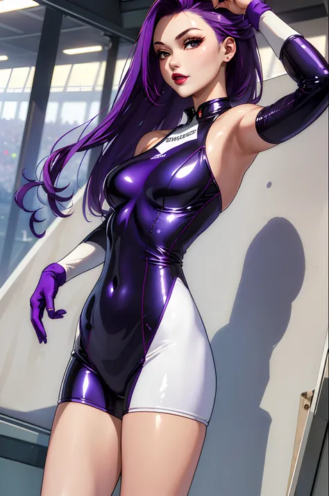 (​masterpiece:1.4)、(top-quality:1.4)、
1girl in, Bewitching Grid Girl, purple head hair, looking at the viewers, 独奏 ,realisitic,(shinny skin),(​masterpiece:1.4),(top-quality:1.4),red-lips,racing venue