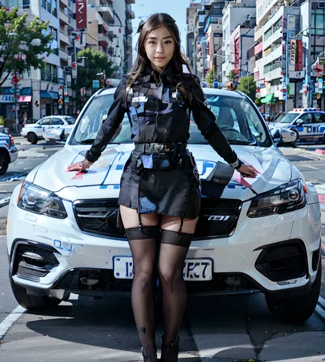 solo person，Chinese Big，police cars，Policewoman opens her hand、Leaning in front of the car，Look into the camera，sexy  pose，black lence stockings，falda corta，K HD，Real Photographics，Ultra photo realsisim，K HD，8K，Lots of detail