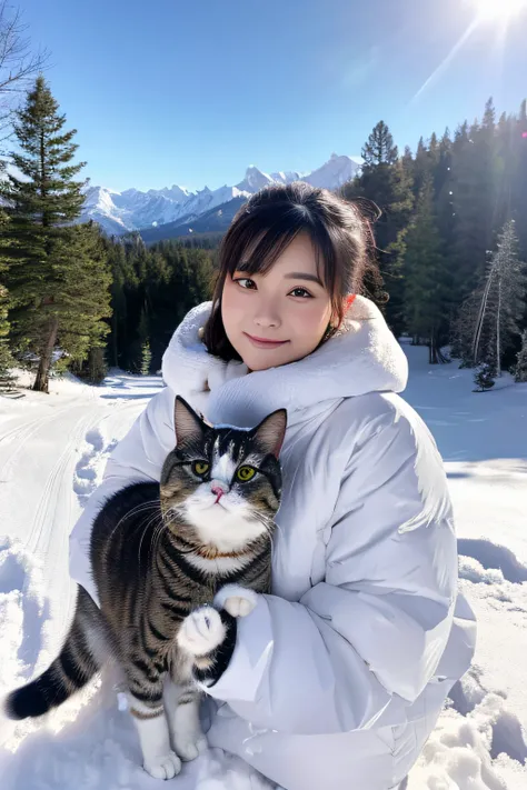 a pregirl, and a round-eyed cute cat, On the snow, snow mountains, ln the forest.