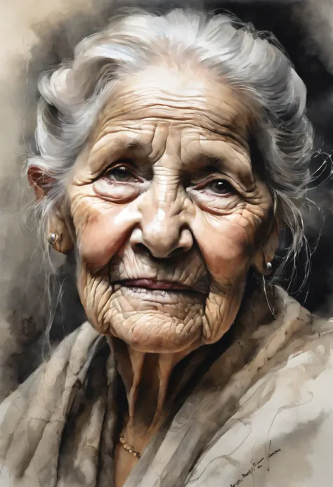 Detailed charcoal drawing in the style of Viktor Miller-Gausa, Ross Tran, Brian Froud, Tom Bagshaw of a Kind Elderly Woman, avec soft, Intricate shadows on her wrinkled face, Capturing the weathered beauty of a long and fulfilling life