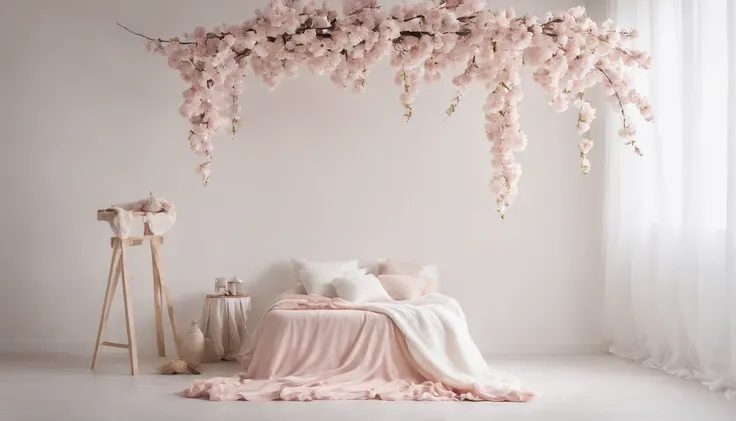 There is a bed with a blanket in front of a wall with flowers, Foto de natureza morta de um pano de fundo, cozy studio photography, atmosfera sonhadora e drama, floral painted backdrop, bed of flowers on floor, fundo floral sonhador, ethereal and dreamy th...