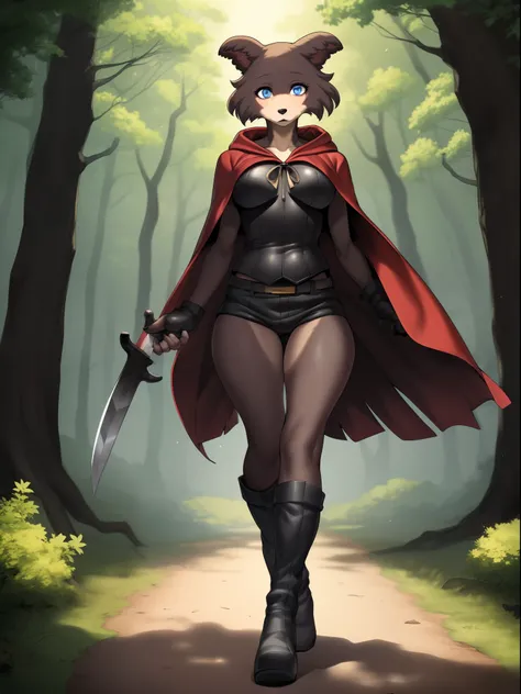 Solo:1.4, Juno, blue eyes, by gudlmok99, by sleepiness18, brown wolf girl, in a forest, wearing red hooded cloak, black corset, black studded skirt, dagger belt on torso, strapped leather fingerless gloves, black stiletto boots, walking,