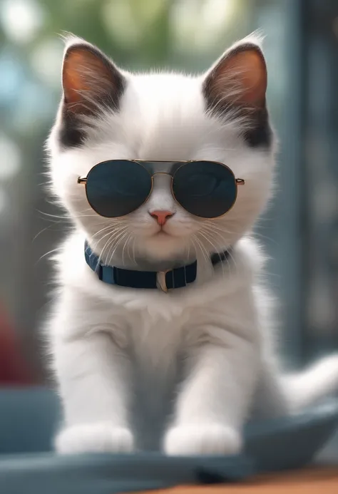 Perfect centering, a cute little cat, Wear trainers, Wearing sunglasses, cheerfulness, Standing position, Abstract beauty, Centered, Looking at the camera, Facing the camera, Approaching perfection, Dynamic, Highly detailed, sleeoing, Sharp Focus, in 8K