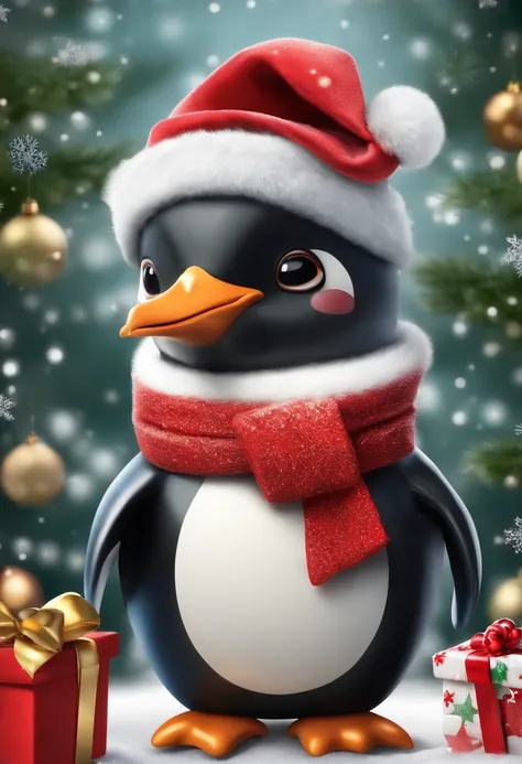 "Draw a fun and cheerful Christmas penguin, com um sorriso contagiante no rosto. The penguins body is wrapped in colorful Christmas blinkers, que piscam em diferentes tons vibrantes. The penguin is wearing a red beanie with a gold star on the end, and hold...