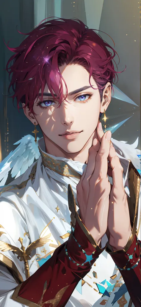 (absurdres, highres, ultra detailed), 1 male, adult, handsome, tall muscular guy, broad shoulders, finely detailed eyes and detailed face, pastel color short hair, fantasy, complex pattern, detailed face, angel wings, lens flare, colorful, glow white parti...