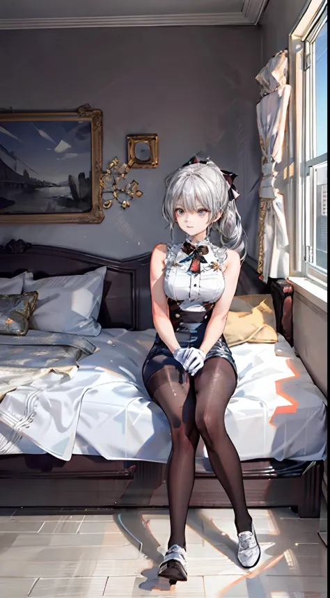 girl)), ray tracing, (dim lighting), [detailed background (bedroom)), ((silver hair)), ((silver hair)), (silver hair), (fluffy s...