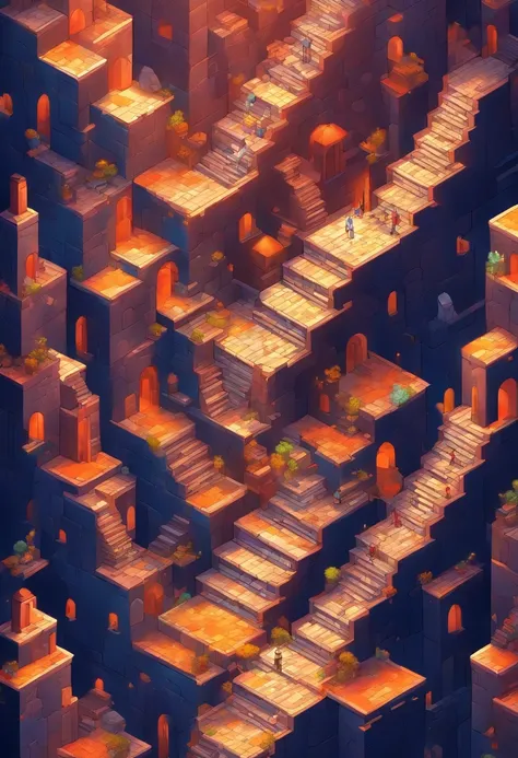 （Stairs after an earthquake：1.3），（Only one flight of stairs：1.3）Broken，The road is messy，monument valley，monument valley，Geometric Ida tears up the crow，stairs from hell to heaven, Isometric art, small steps leading down, Inspired by M. c. Escher, Inspired...