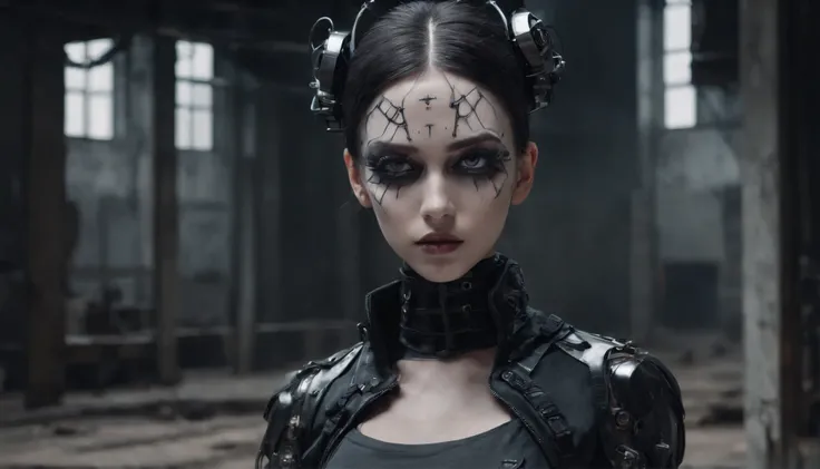 cyborg woman with goth makeup posing for a photo in the inside of an abandoned factory, cyberpunk aesthetic, cyborg woman, dark techno aesthetic, industrial goth aesthetic, intern of an abandoned factory in the background, ultra detailed, photorealistic, m...