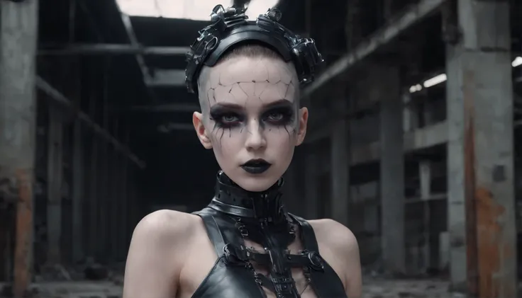 cyborg woman with goth makeup posing for a photo in the inside of an abandoned factory, cyberpunk aesthetic, cyborg woman, dark techno aesthetic, industrial goth aesthetic, intern of an abandoned factory in the background, ultra detailed, photorealistic, m...