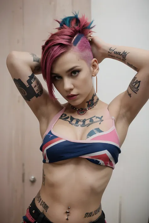 Beautiful punk woman with a coloured Mohawk and shaved underside hairstyle wearing a Union Jack crop top, piercings, tattoos , intense eye contact, face and upper body image, pink hair