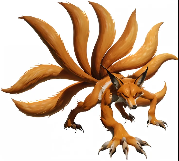 Realistic A large monster in the form of an orange nine-tailed fox,realistic background, hyper realistic, realistic light, realistic shadow, realism,(photorealistic:1.2),