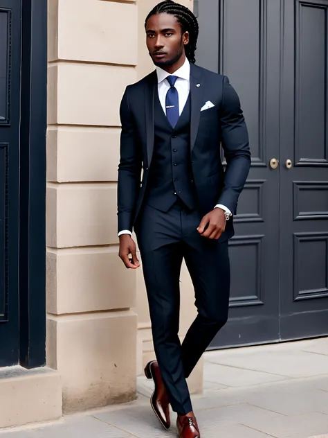 Style homme noir cheveux metisse indien de Guadeloupe noir 30 ans.black hair styled in long braid. Yeux marron claire. Dressed in a blue three-piece suit . Chaussure noir hermes . Muscular square jaw ,Charming look bewitching muscular handsome boy