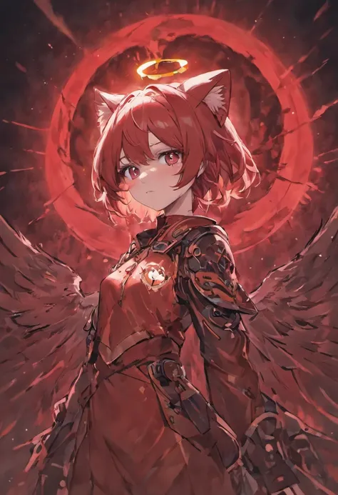 She has cat ears and red and blue odd-eye with red pupils in one eye。On the back there are three pairs of demon wings and angel wings､She has small breasts and wears a black and white combat suit。He has a wand with a blue gem and a compass embedded in it.､...