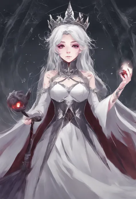 anime, attractive, fantasy, witch, Princess, crown, gray hair, silver eyes, bloodshot, power