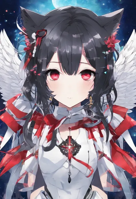 She has cat ears and red and blue odd-eye with red pupils in one eye。On the back there are three pairs of demon wings and angel wings､She has small breasts and wears a black and white combat suit。He has a wand with a blue gem and a compass embedded in it.､...