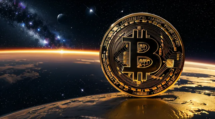 a golden bitcoin satellite on a background of stars and galaxies ultra realistic