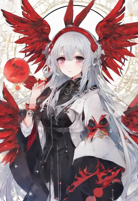 She has cat ears and red and blue odd-eye with red pupils in one eye。On the back there are three pairs of demon wings and angel wings､She has small breasts and wears a black and white combat suit。He has a wand with a blue gem and a compass embedded in it.､...