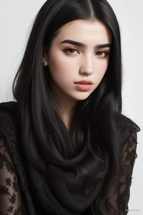 A close-up of a woman with long black hair wearing a headscarf, Anastasia Ovchinnikova, Cristina Kritkou, Charli Bowater, Yael Shelbia, Julia Sarda, Marca ariana, Kailee Mandel, Lily Frank, androgynous person, con cabello largo y oscuro, Viktoria Gavrilenk...