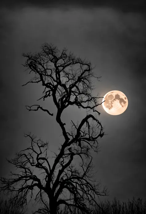 over the wilderness, enveloped by darkness, a full moon hangs high, casting its pale light upon a solitary bare tree. (best quality,highres),vivid colors,ultra-detailed,sharp focus,hdr,night scenery,loneliness,haunting,tree silhouette,dark fantasy,wilderne...